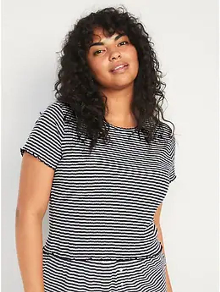 Short-Sleeve Striped Lettuce-Edge Pointelle-Knit Pajama T-Shirt for Women