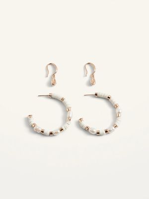 Gold-Toned Drop Earrings & Freshwater Pearl Hoop Earrings Set for Women