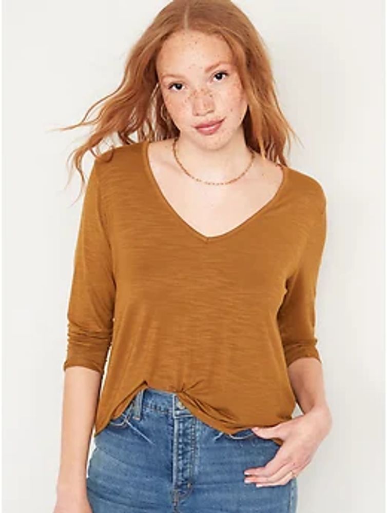 Luxe Long-Sleeve V-Neck Slub-Knit T-Shirt for Women