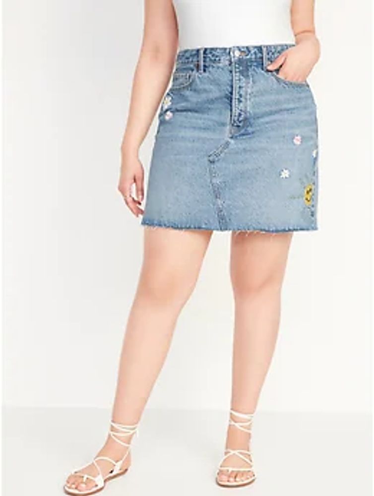 Higher High-Waisted Button-Fly Embroidered Mini Jean Skirt for Women