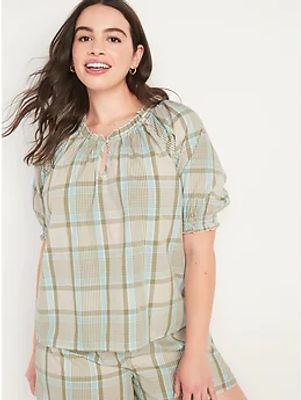 Plaid Smocked-Sleeve Pajama Top for Women