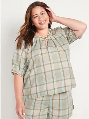 Plaid Smocked-Sleeve Pajama Top for Women