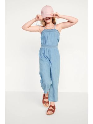 Chambray Smocked Shoulder-Tie Jumpsuit for Girls