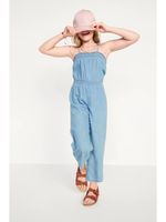 Chambray Smocked Shoulder-Tie Jumpsuit for Girls