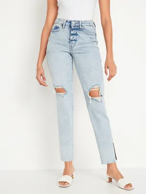 High-Waisted Button-Fly OG Straight Ripped Side-Slit Jeans for Women