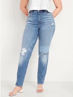 High-Waisted OG Straight Patchwork Ripped Ankle Jeans for Women