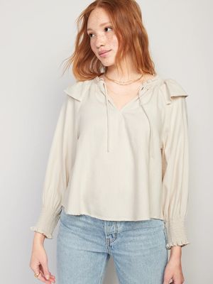 Puff-Sleeve White-Wash Ruffle-Trimmed Smocked Jean Blouse for Women