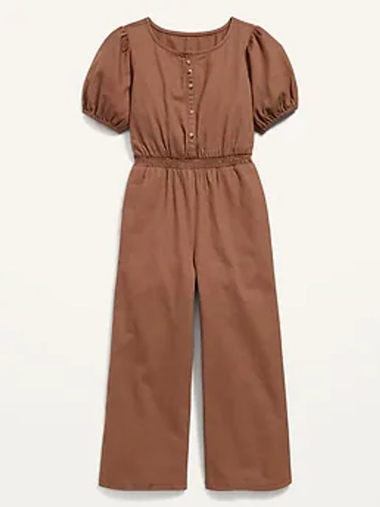 Short Puff-Sleeve Twill Utility Jumpsuit for Girls