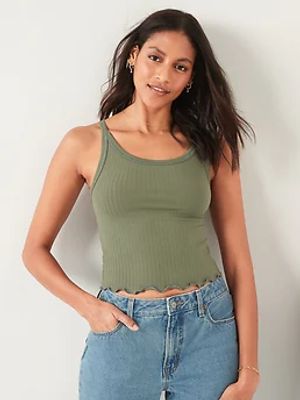 Fitted Cropped Lettuce-Edge Rib-Knit Tank Top for Women
