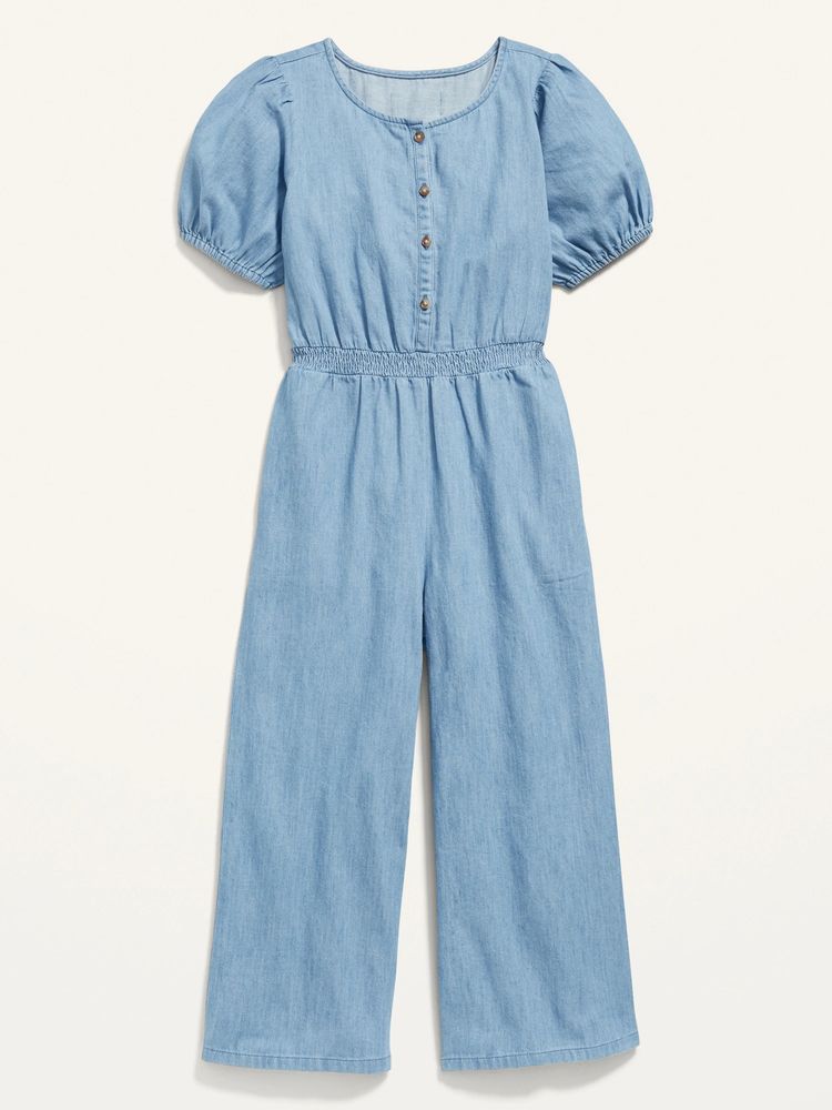 Short Puff-Sleeve Jean Utility Jumpsuit for Girls