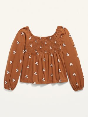Smocked Floral-Print Jersey Long-Sleeve Top for Girls