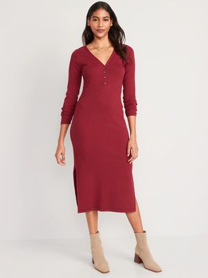 Fitted Long-Sleeve Rib-Knit Henley Midi Dress for Women
