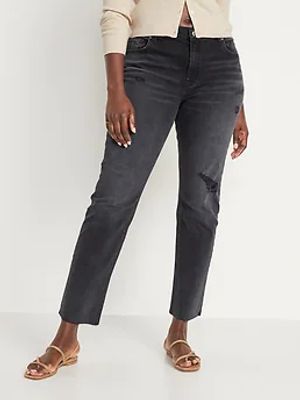Low-Rise Boyfriend Straight Ripped Black Jeans for Women