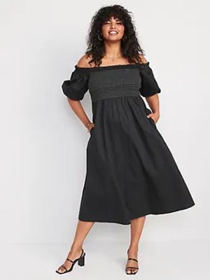 Fit & Flare Off-The-Shoulder Puff-Sleeve Smocked Cotton-Poplin Midi Dress for Women