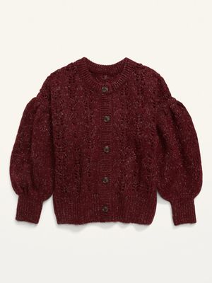 Cozy Pointelle Blouson-Sleeve Cardigan Sweater for Girls