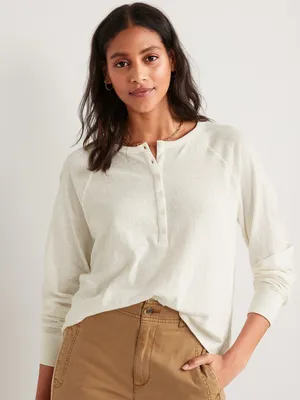 Long-Sleeve Loose Slub-Knit Henley T-Shirt for Women