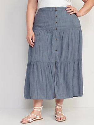 Slub-Weave Tiered Button-Front Maxi Skirt for Women