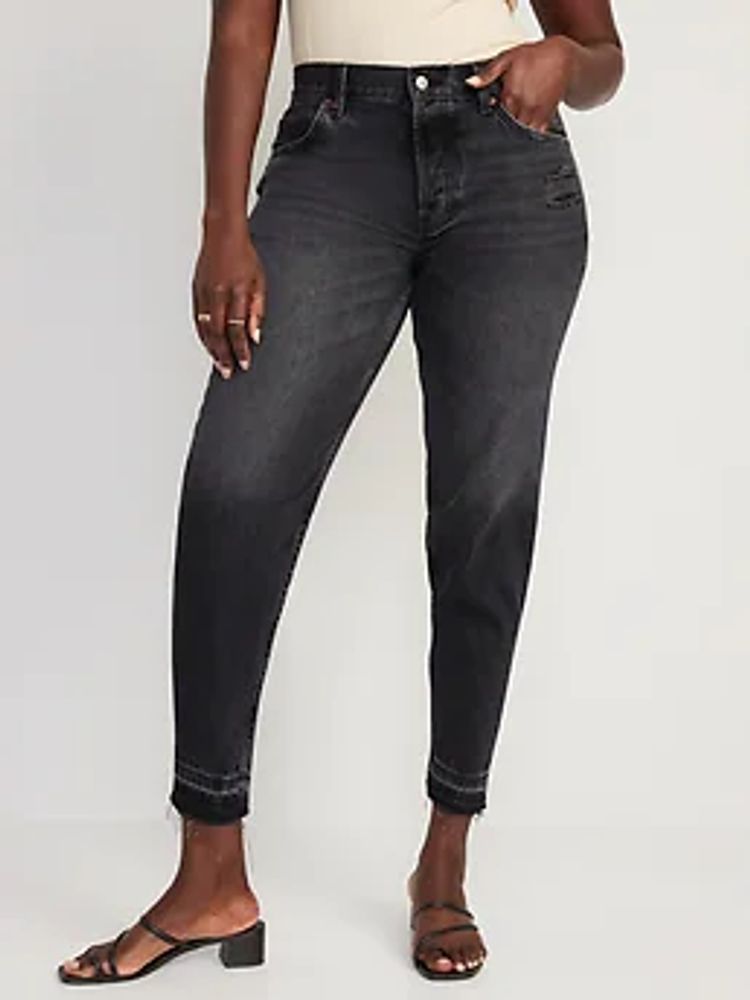 High-Waisted Button-Fly Slouchy Taper Black-Wash Cut-Off Non-Stretch Jeans for Women