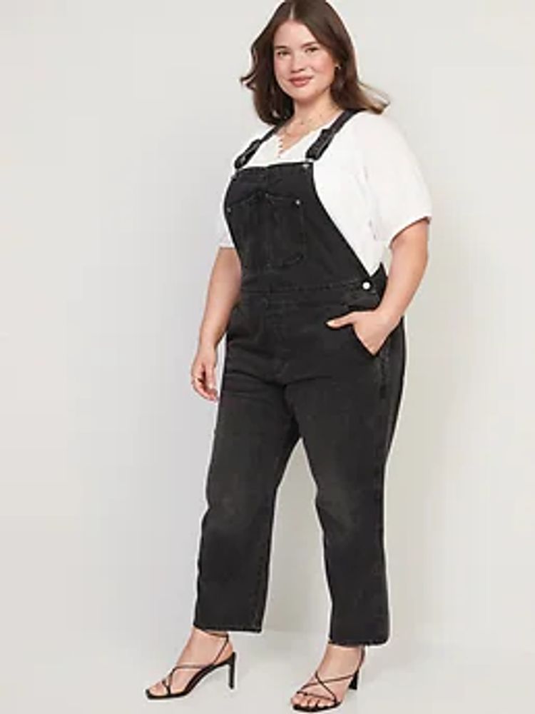 Slouchy Straight Black Workwear Non-Stretch Jean Overalls for Women