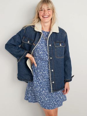 Sherpa-Lined Non-Stretch Jean Utility Shacket for Women