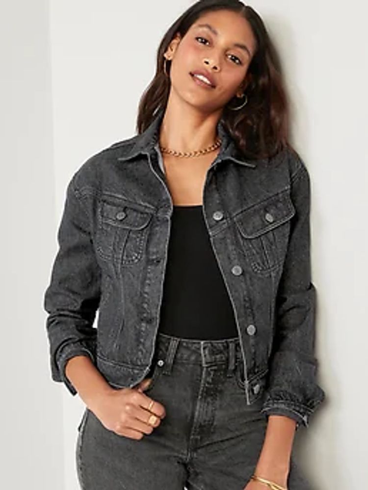 Cropped Black-Wash Non-Stretch Jean Jacket for Women