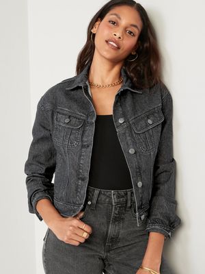 Cropped Black-Wash Non-Stretch Jean Jacket for Women