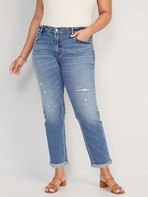 Low-Rise Ripped Boyfriend Straight Jeans for Women