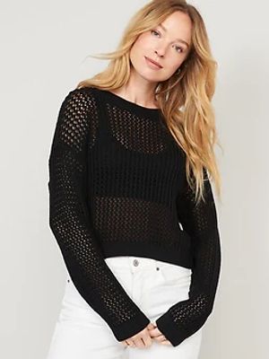 Long-Sleeve Cropped Crochet Sweater for Women