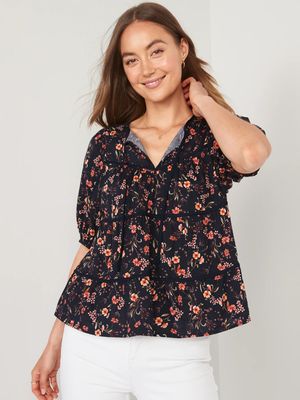 Puff-Sleeve Floral Tiered Swing Blouse for Women