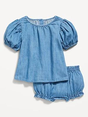 Chambray Puff-Sleeve Top & Bloomer Shorts Set for Baby