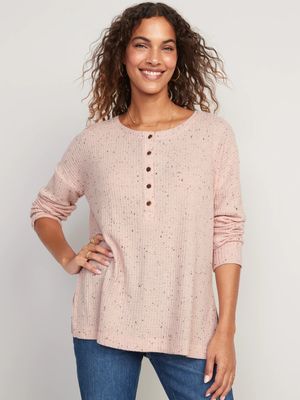 Long-Sleeve Waffle-Knit Henley Tunic T-Shirt for Women