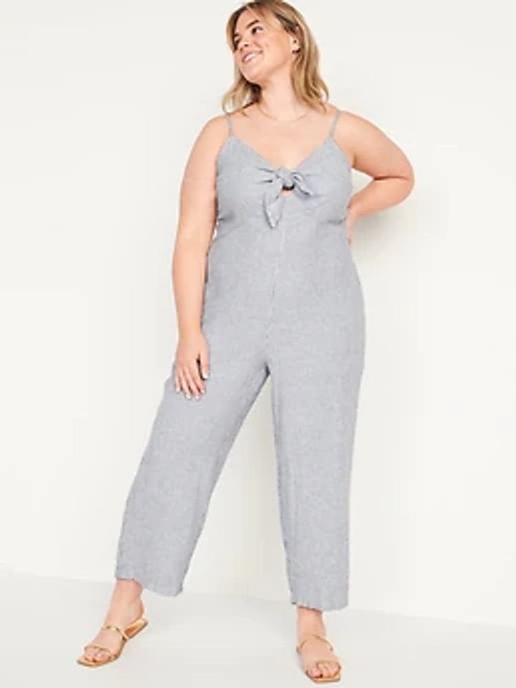 Striped Smocked Cropped Knotted Linen-Blend Cami Jumpsuit for Women