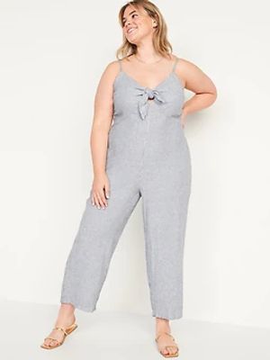 Striped Smocked Cropped Knotted Linen-Blend Cami Jumpsuit for Women