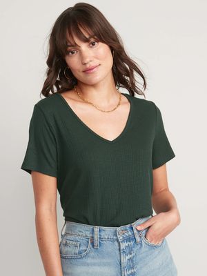 Short-Sleeve Luxe V-Neck Rib-Knit T-Shirt for Women