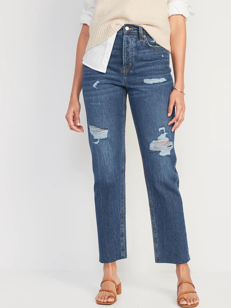 Old Navy Extra High-Waisted Button-Fly Sky-Hi Straight Cut-Off Jeans for Women | Town Centre