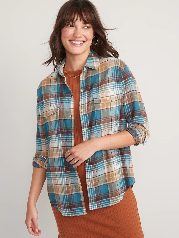 Long-Sleeve Plaid Flannel Boyfriend Tunic Shirt for Women