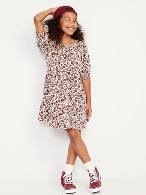 Puff-Sleeve Tiered Patterned Swing Dress for Girls