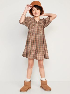 Puff-Sleeve Tiered Plaid Tie-Front Dress for Girls