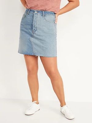 Higher High-Waisted Button-Fly O.G. Straight Non-Stretch Mini Cut-Off Jean Skirt for Women