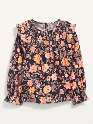 Smocked-Ruffle Long-Sleeve Floral-Print Top for Girls