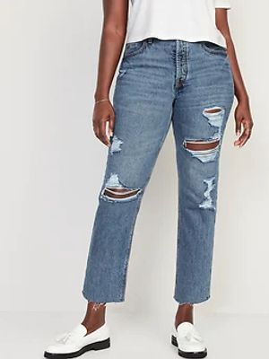 High-Waisted Slouchy Straight Cropped Ripped Jeans for Women