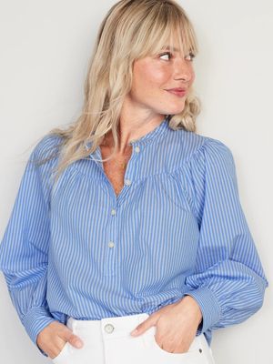 Puff-Sleeve Striped Henley Shirt for Women