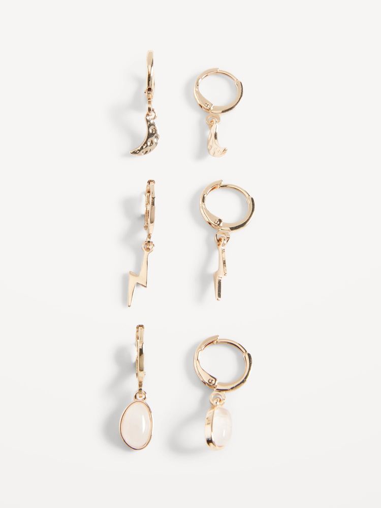 Gold-Toned Huggie Hoop Drop Earrings Variety 3-Pack for Women