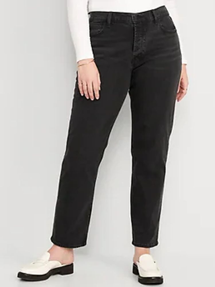 High-Waisted Button-Fly Slouchy Straight Black-Wash Jeans for Women