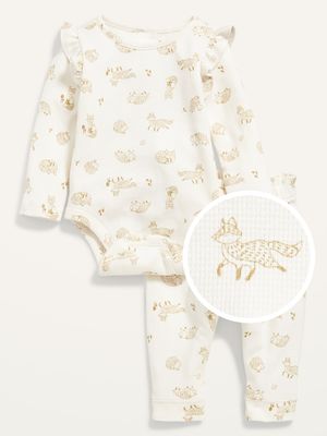 Ruffle-Trim Thermal-Knit Printed Bodysuit and Leggings Set for Baby
