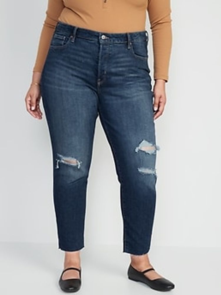 High-Waisted Button-Fly O.G. Straight Ripped Cut-Off Jeans for Women