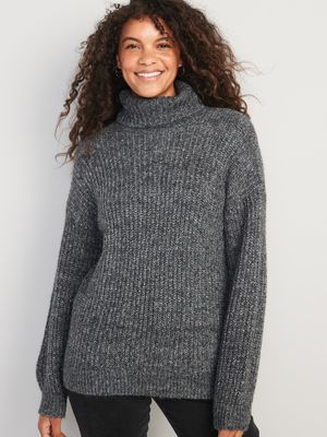 Marled Shaker-Stitch Tunic-Length Turtleneck Sweater for Women