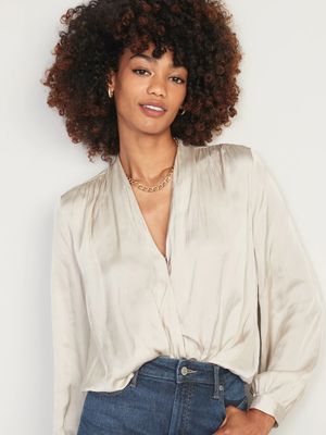 Cross-Front Satin Long-Sleeve Blouse for Women