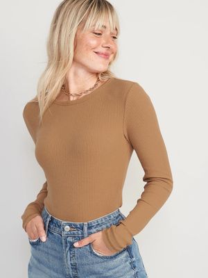 Plush Long-Sleeve Rib-Knit Slim-Fit T-Shirt for Women