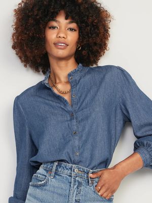 Ruffle-Neck Jean Shirt for Women